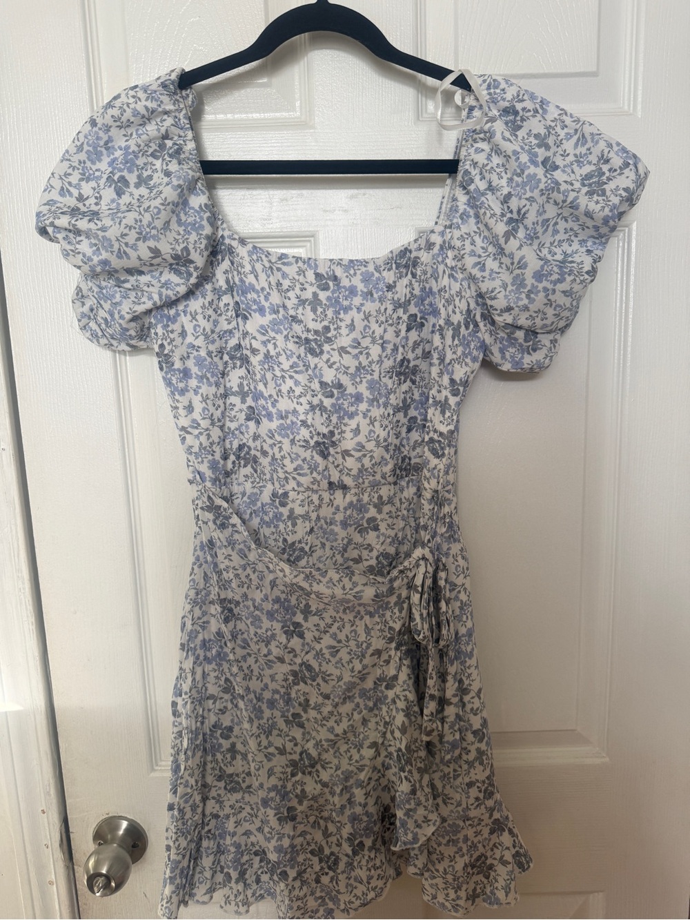 Trixxi White Dress with Light Blue Floral Print and Puff Sleeves